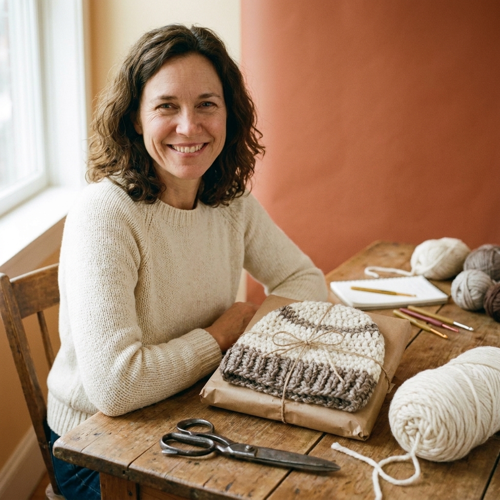 A finished crochet beanie wrapped in brown paper with a simple ribbon, placed next to scissors and a ball of yarn on a craft table