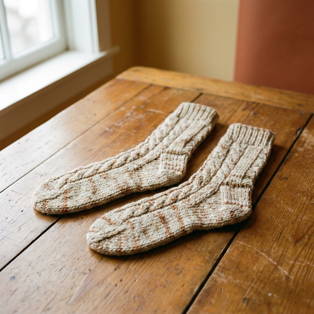 A finished pair of hand-knit wool socks laid neatly on a wooden floor in soft natural light