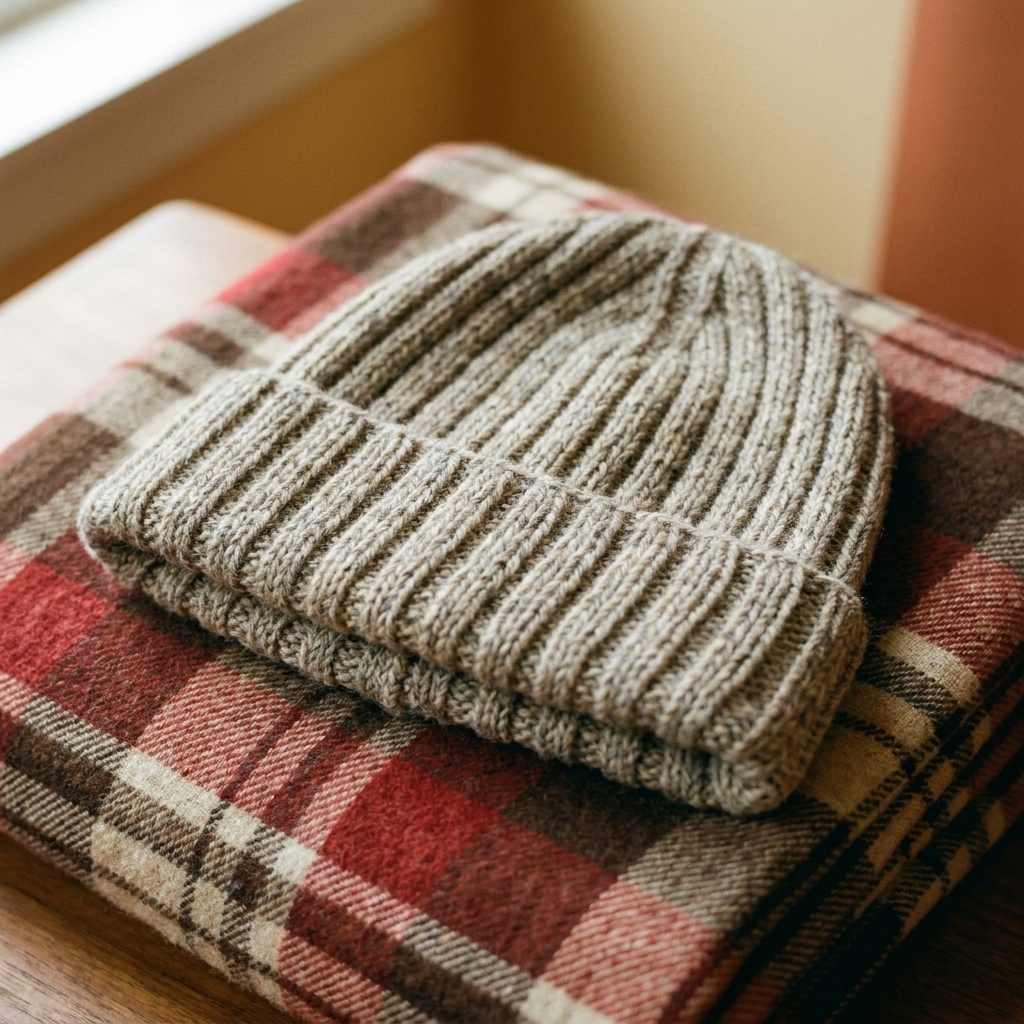 A finished ribbed knit beanie in a heathered wool yarn resting on a folded flannel blanket, soft indoor light