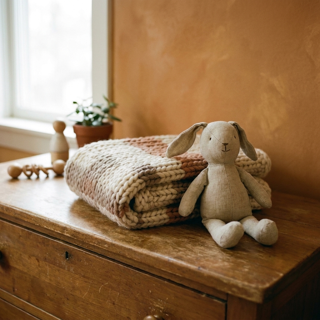 A folded handmade knit baby blanket resting on a nursery dresser next to a small stuffed animal