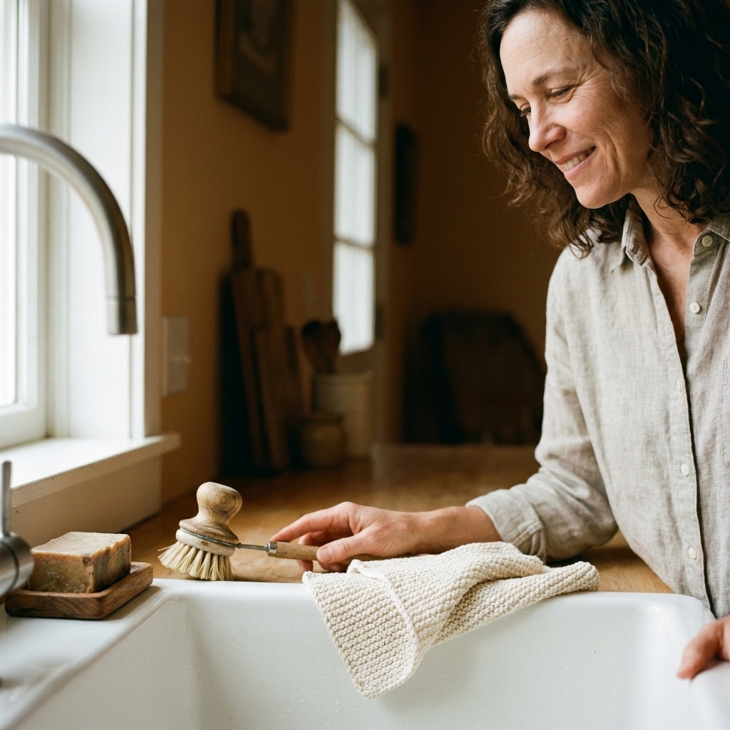 A freshly handmade cotton dishcloth draped over the edge of a kitchen sink next to a wooden scrub brush and a bar of soap, natural window light