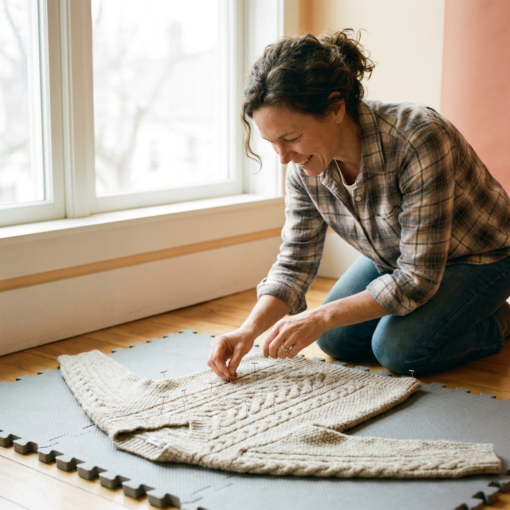 A freshly washed hand knit sweater laid flat on foam blocking mats with rustproof pins placed around the edges to shape it evenly