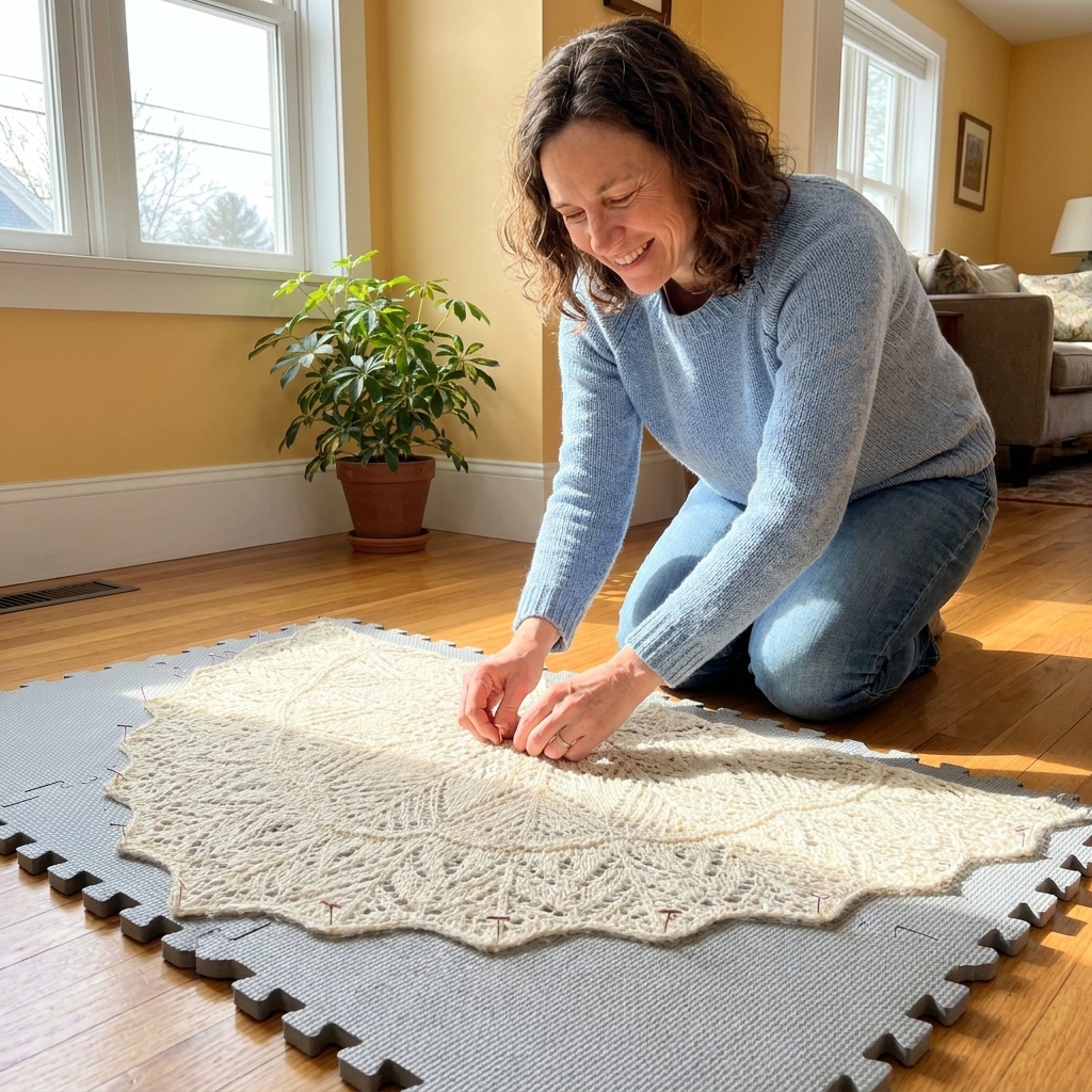A freshly washed knitted lace shawl pinned out on interlocking foam blocking mats with rustproof T-pins along the edges in a bright living room