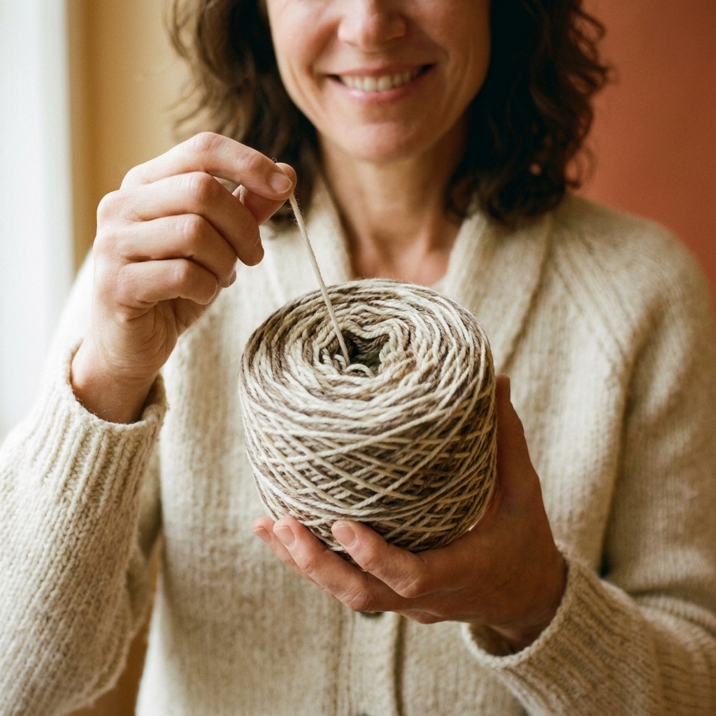 A freshly wound yarn cake being held in two hands, showing a neat center-pull opening at the top with the yarn end gently pulled out