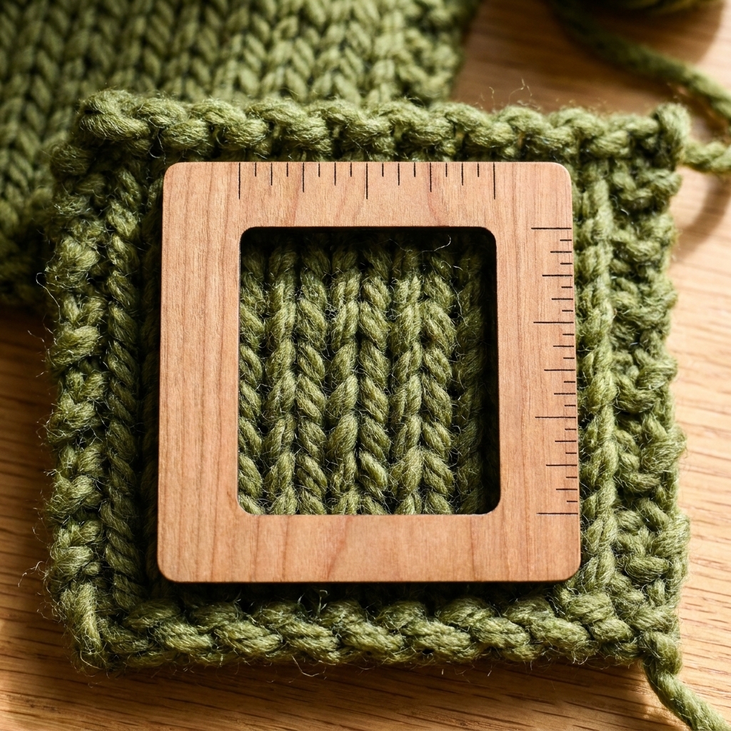 A gauge ruler placed on top of a knitted swatch, with stitches visible through the measuring window