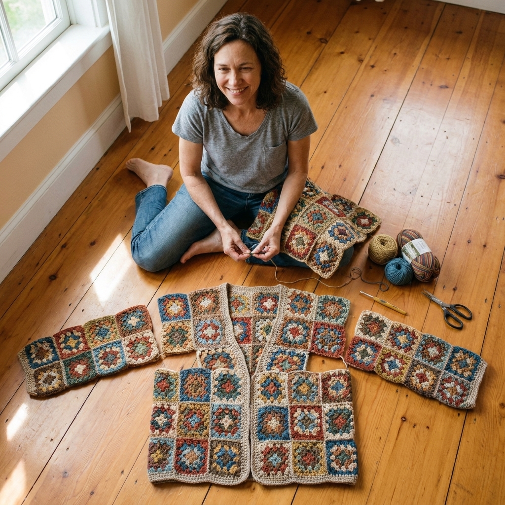 A granny square cardigan in progress laid out on a floor with separate square panels arranged for the back, fronts, and sleeves before joining
