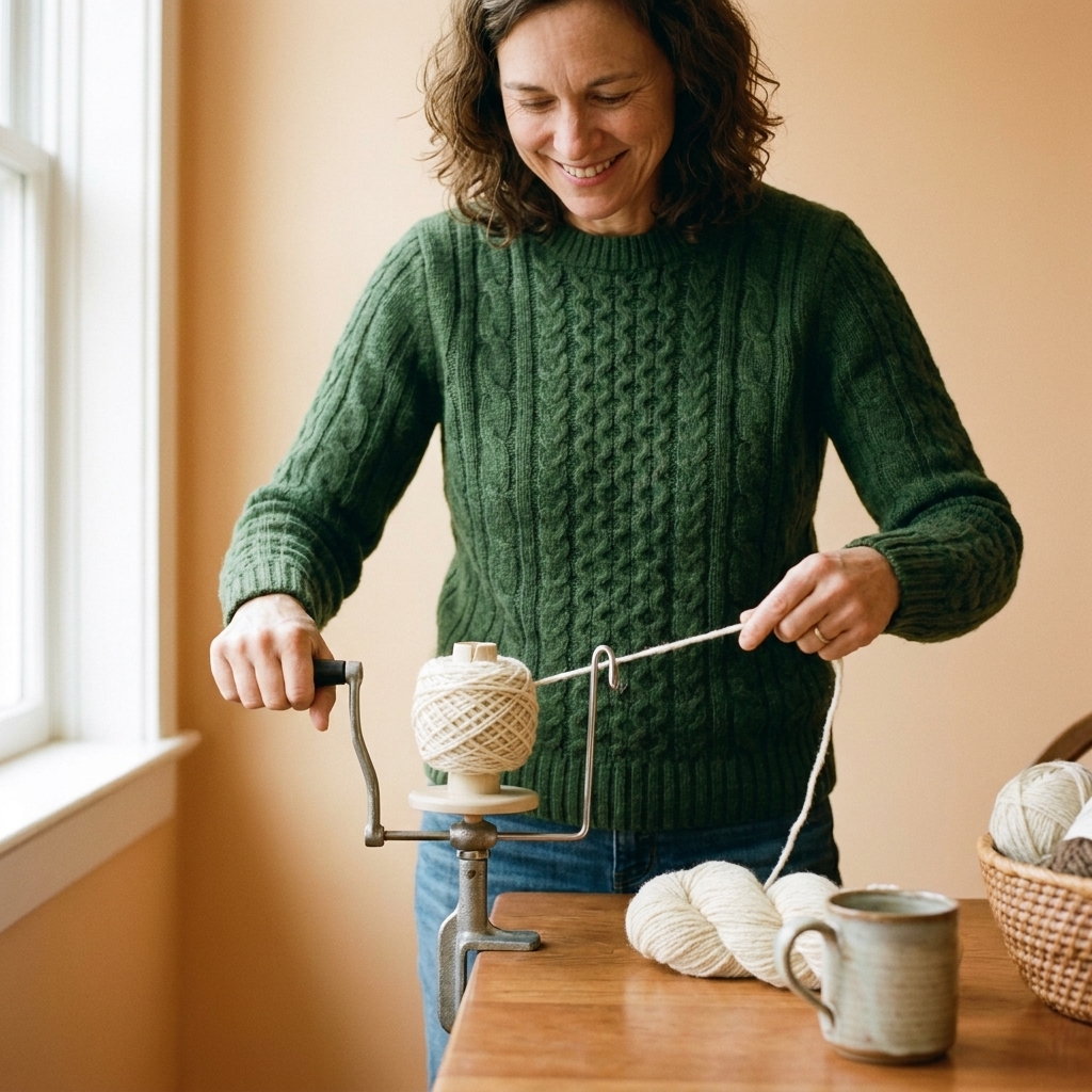 A hand-crank yarn ball winder clamped to the edge of a table, with the winding spindle and metal yarn guide visible