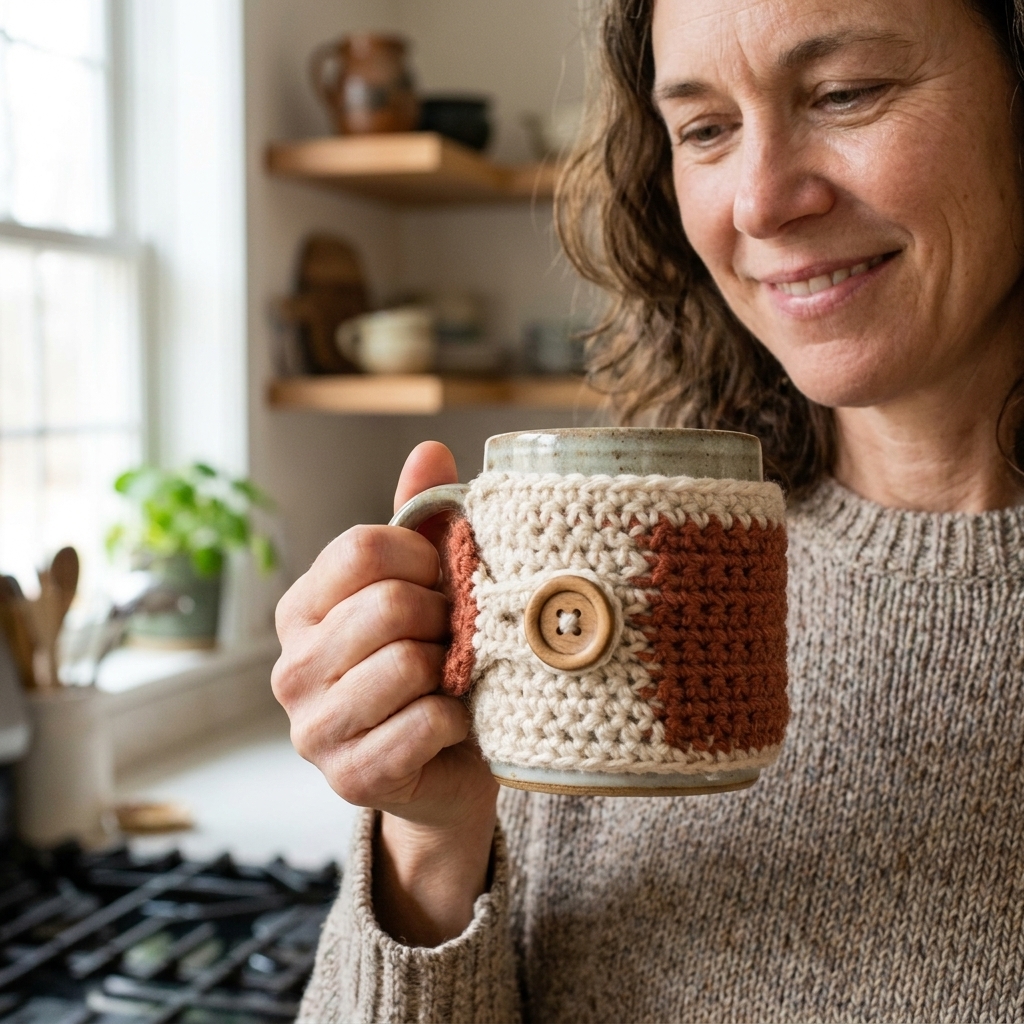 A hand holding a ceramic mug wrapped in a crocheted mug cozy fastened with a wooden button, cozy kitchen setting
