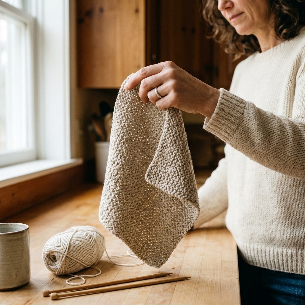 A hand holding a textured knitted cotton dishcloth over a kitchen counter with a cotton yarn ball nearby in soft daylight