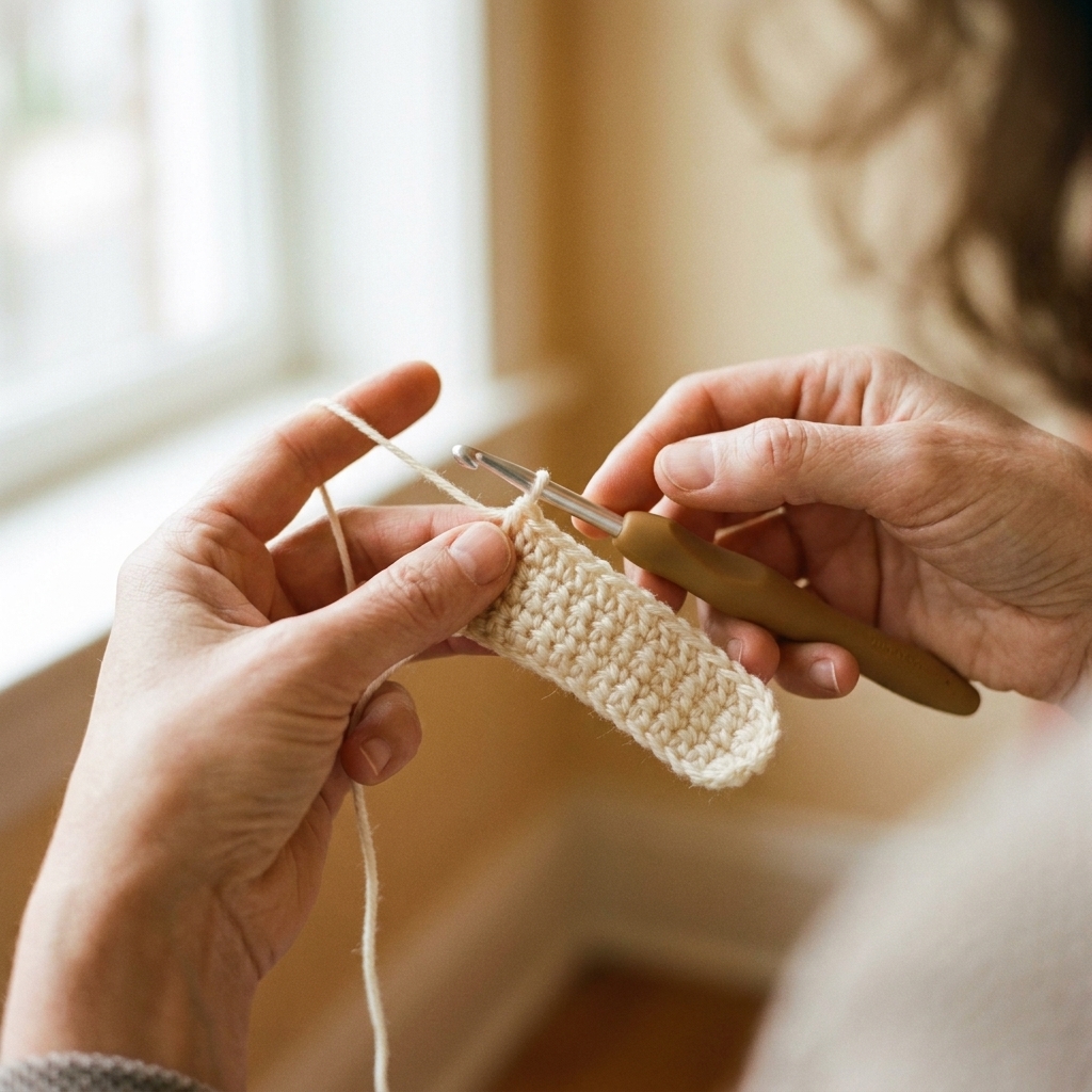 A hand holding an ergonomic crochet hook while working a small crochet swatch with smooth, light-colored yarn