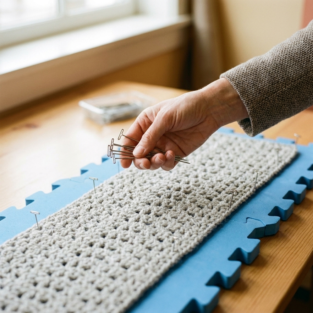 A hand holding several rustproof T-pins above a pinned crochet scarf on foam blocking mats