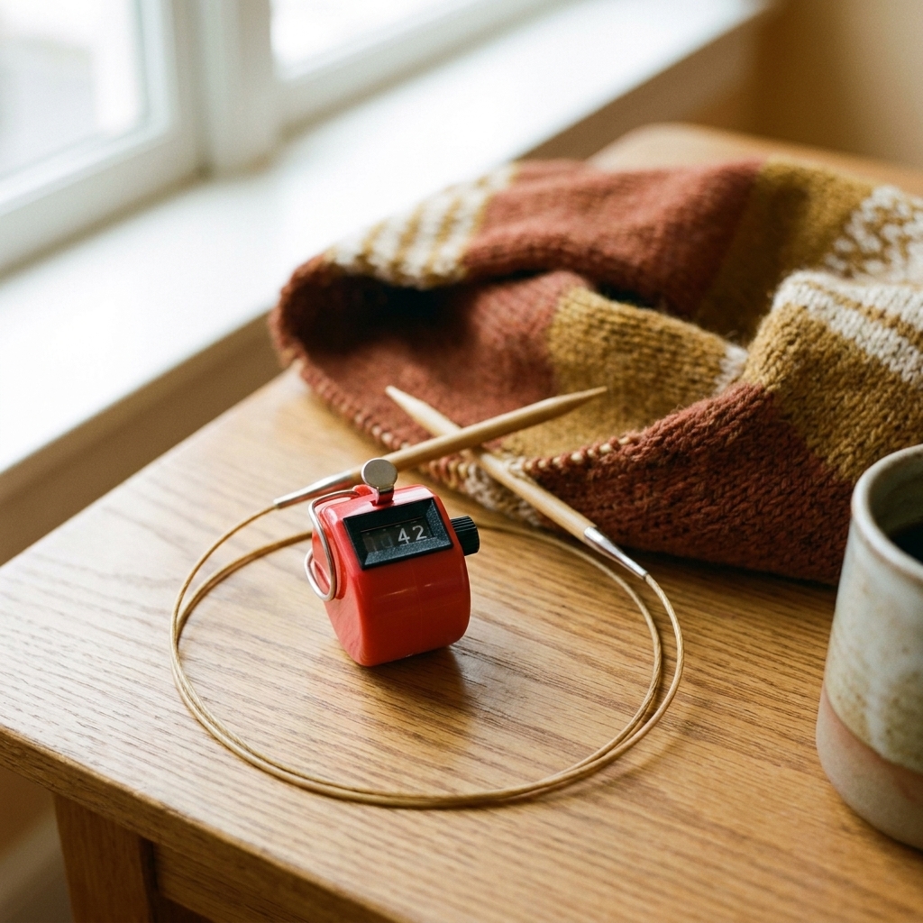 A handheld clicker-style row counter resting beside circular knitting needles and a half-finished project