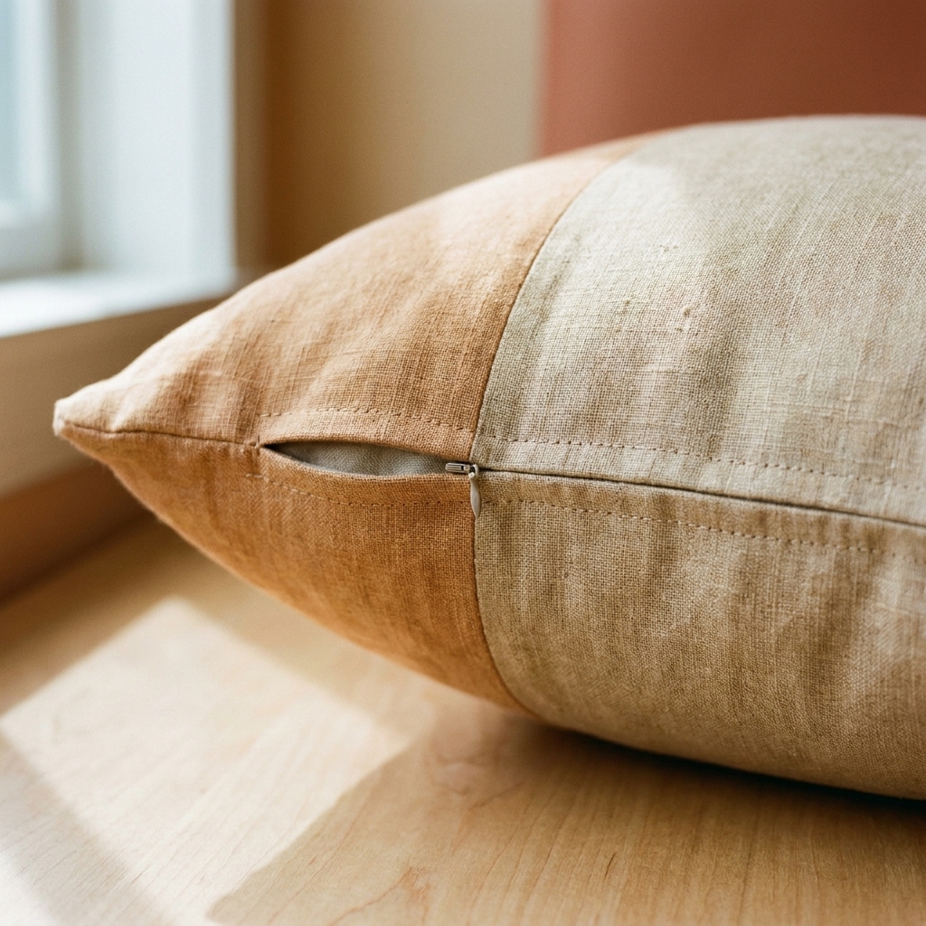 A handmade pillow cover with a neatly installed hidden zipper along the back seam