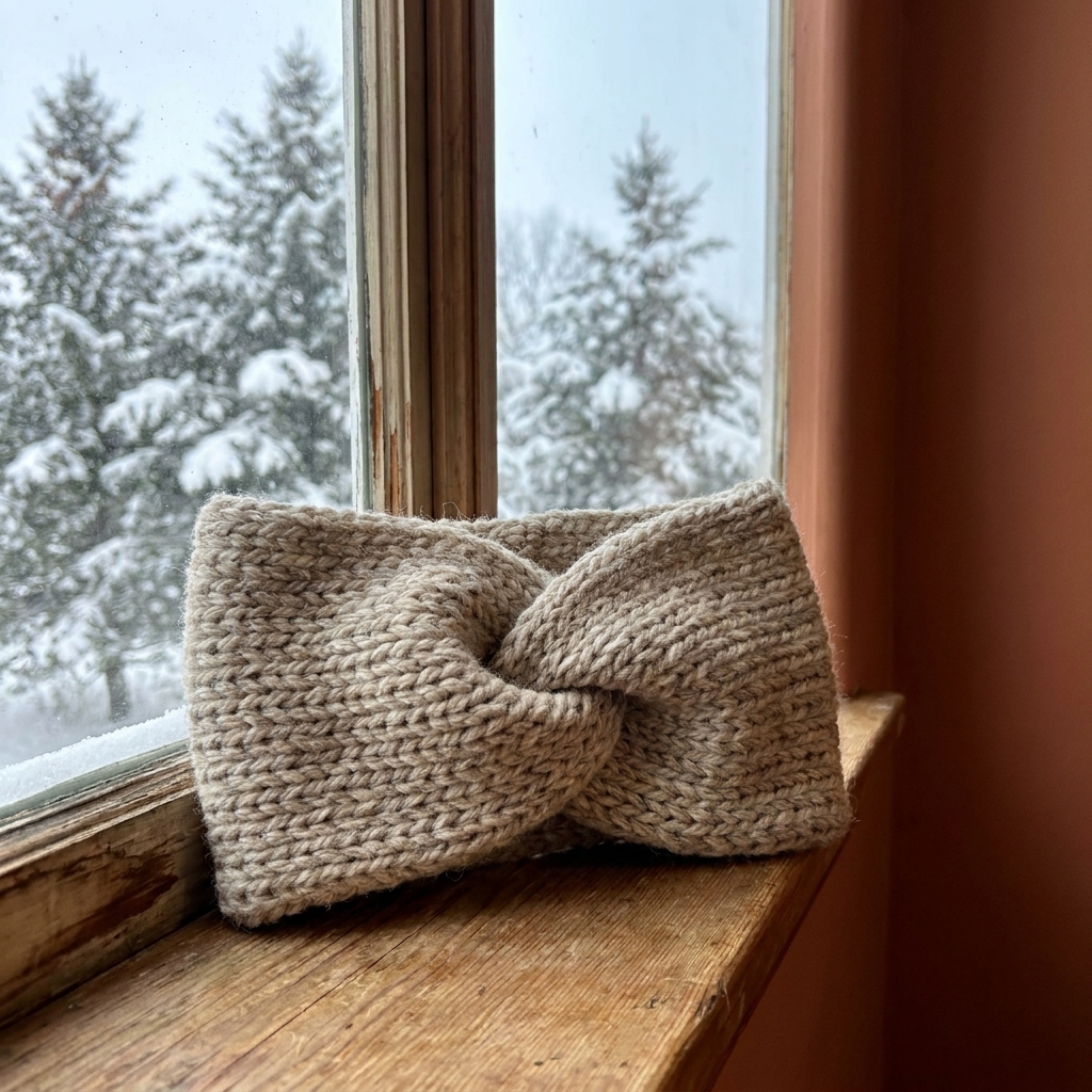 A knit twist-front ear warmer in a soft wool yarn sitting on a windowsill with evergreen trees outside