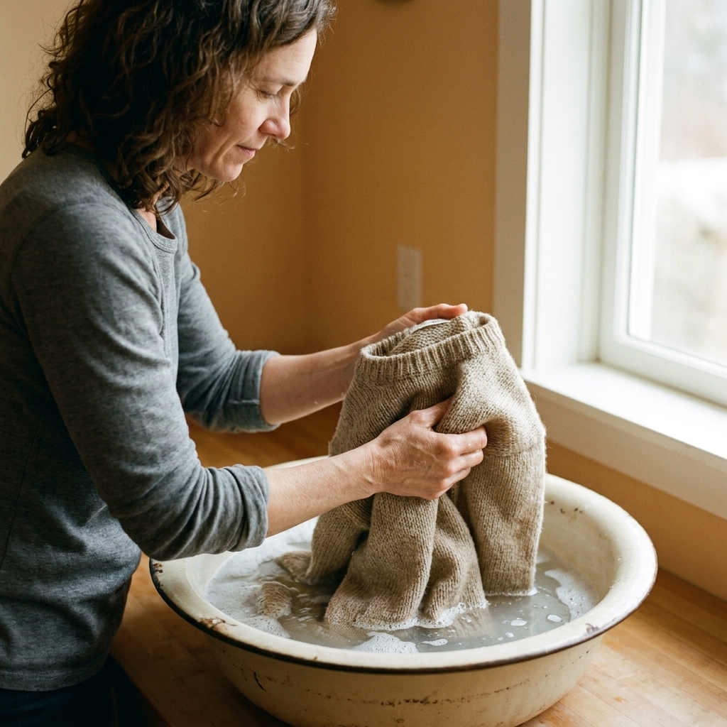 A knitted garment being gently hand washed in a basin with cool water and mild soap, with hands supporting the fabric