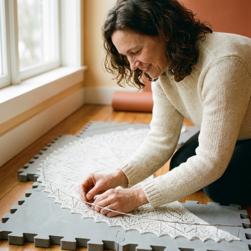 A knitted lace shawl edge threaded onto stainless steel blocking wires and pinned into a smooth curve on foam blocking mats