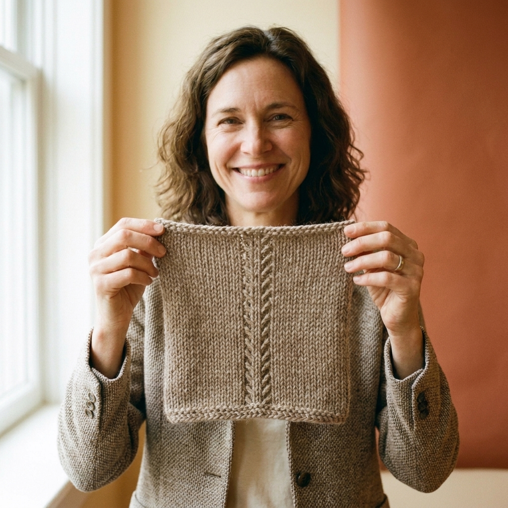 A knitted stockinette swatch held in two hands, showing a tidy column of decreases running upward