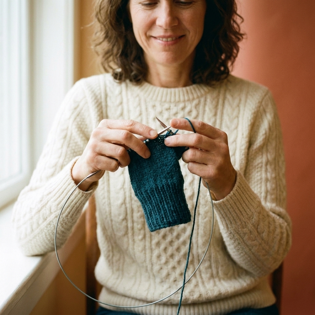 A knitter mid-project working magic loop with a small tube of knitting, one needle tip knitting stitches while the cable loop hangs to the side