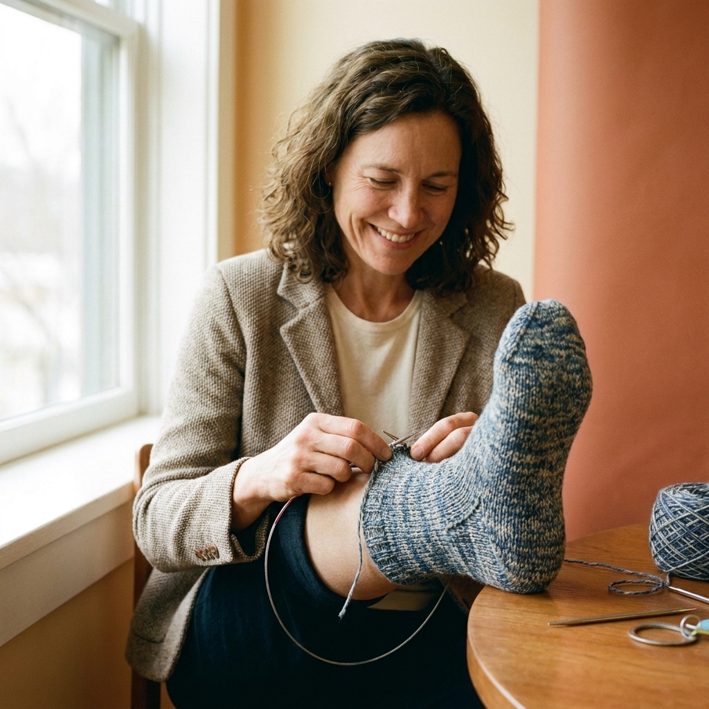 A knitter trying on a toe-up sock in progress, with the circular needle cable looped and the toe and foot section visible