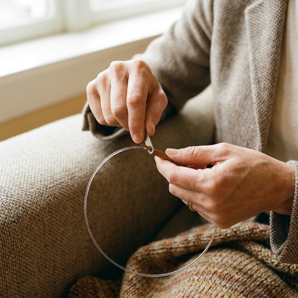 A knitter’s hands using a small cable key to tighten an interchangeable needle tip onto a clear nylon-coated cable on a living room couch