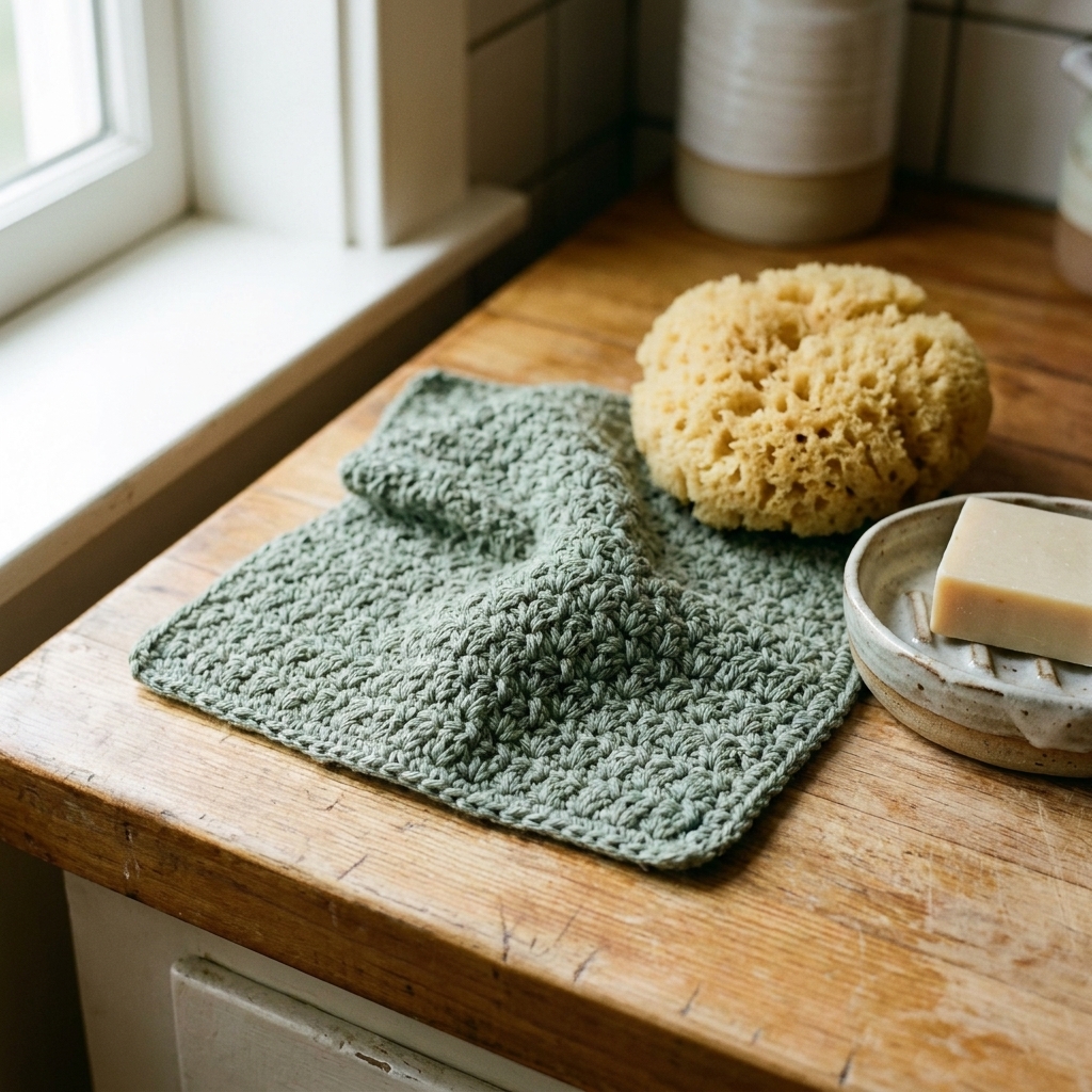 A lemon peel stitch crochet dishcloth in a muted green cotton yarn laid on a countertop near a sponge and a ceramic soap dish