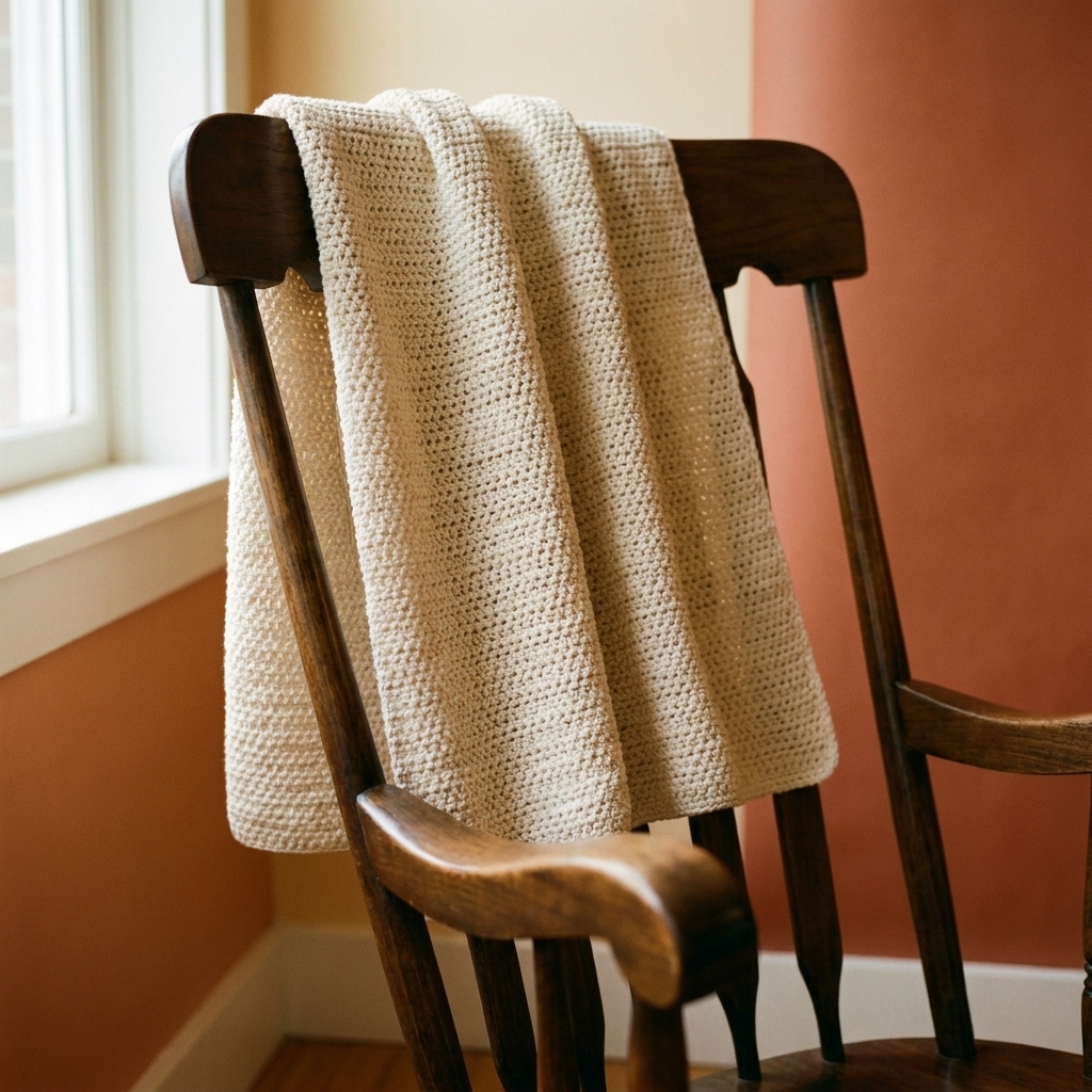 A light cream crocheted baby blanket made with smooth cotton yarn draped over a wooden rocking chair