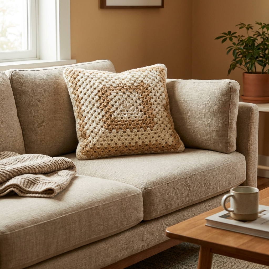A living room sofa styled with a crochet throw pillow in a warm neutral tone