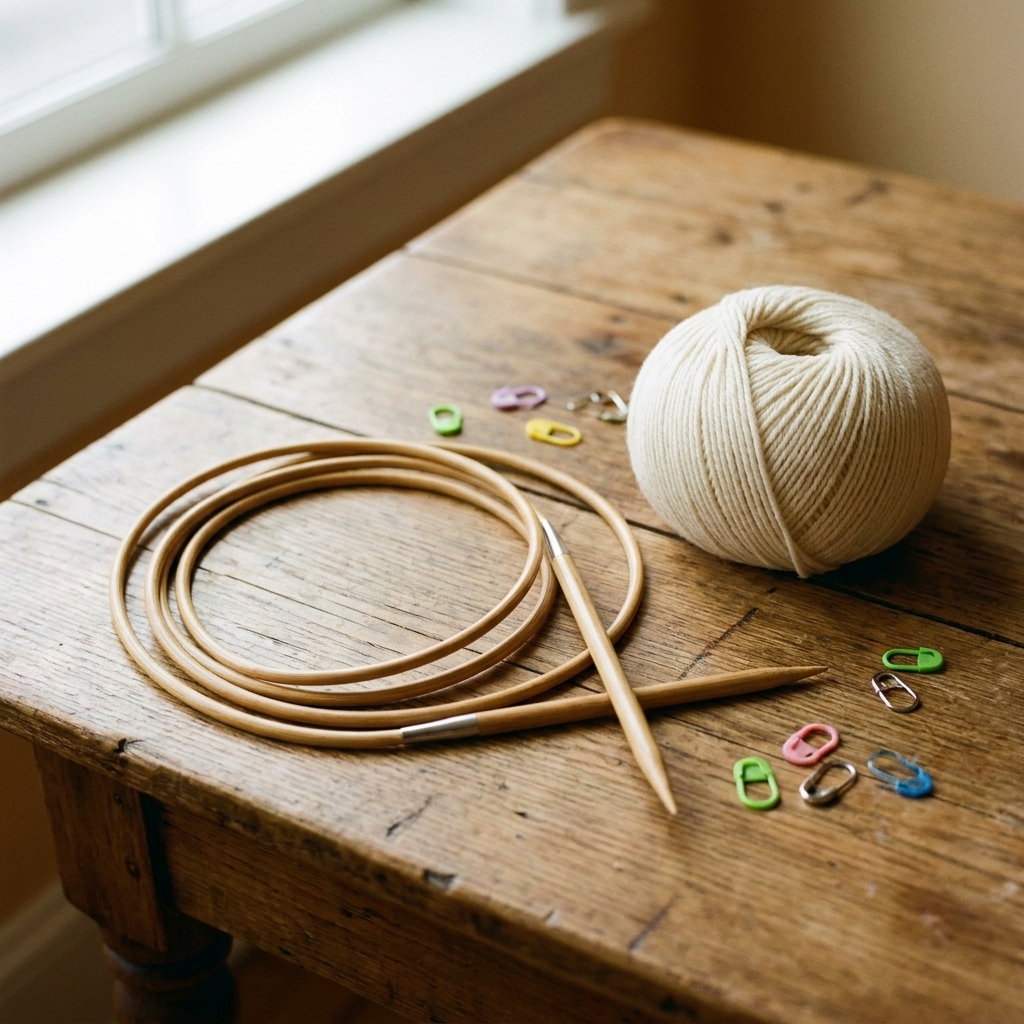 A long circular knitting needle coiled beside a ball of smooth light-colored yarn and a few small stitch markers on a wooden table