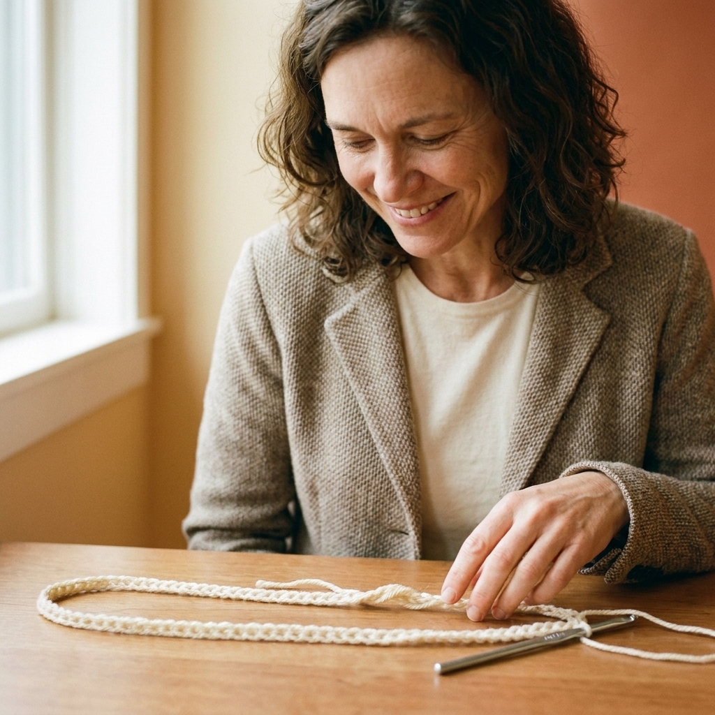 A long crochet foundation chain laid on a wooden table with a visible twist near the join point, next to a crochet hook