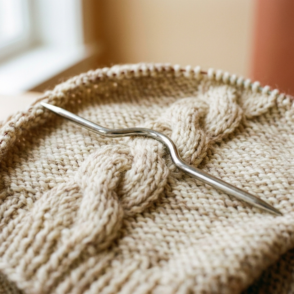 A metal cable needle resting across a partially knitted cable pattern swatch with the cable twist visible