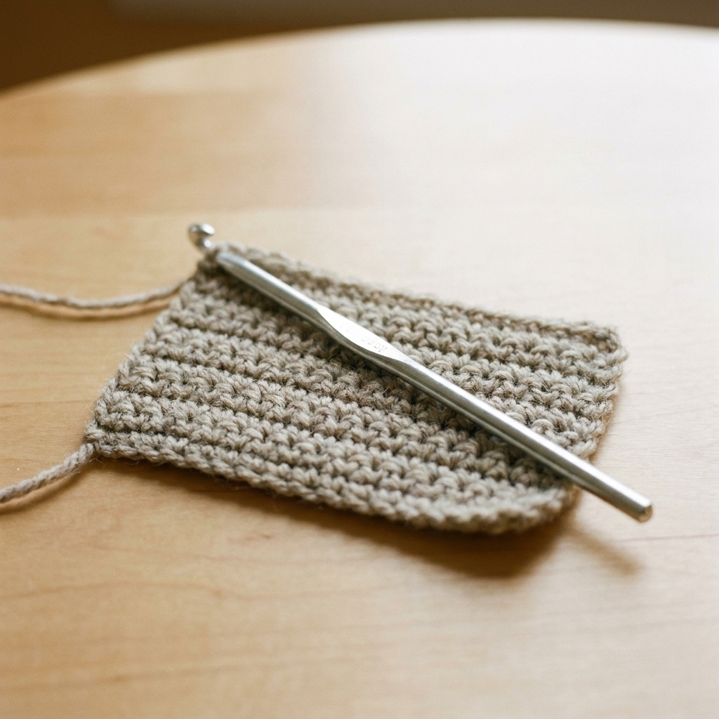 A metal crochet hook resting on a small crocheted swatch made with medium-weight yarn on a neutral background