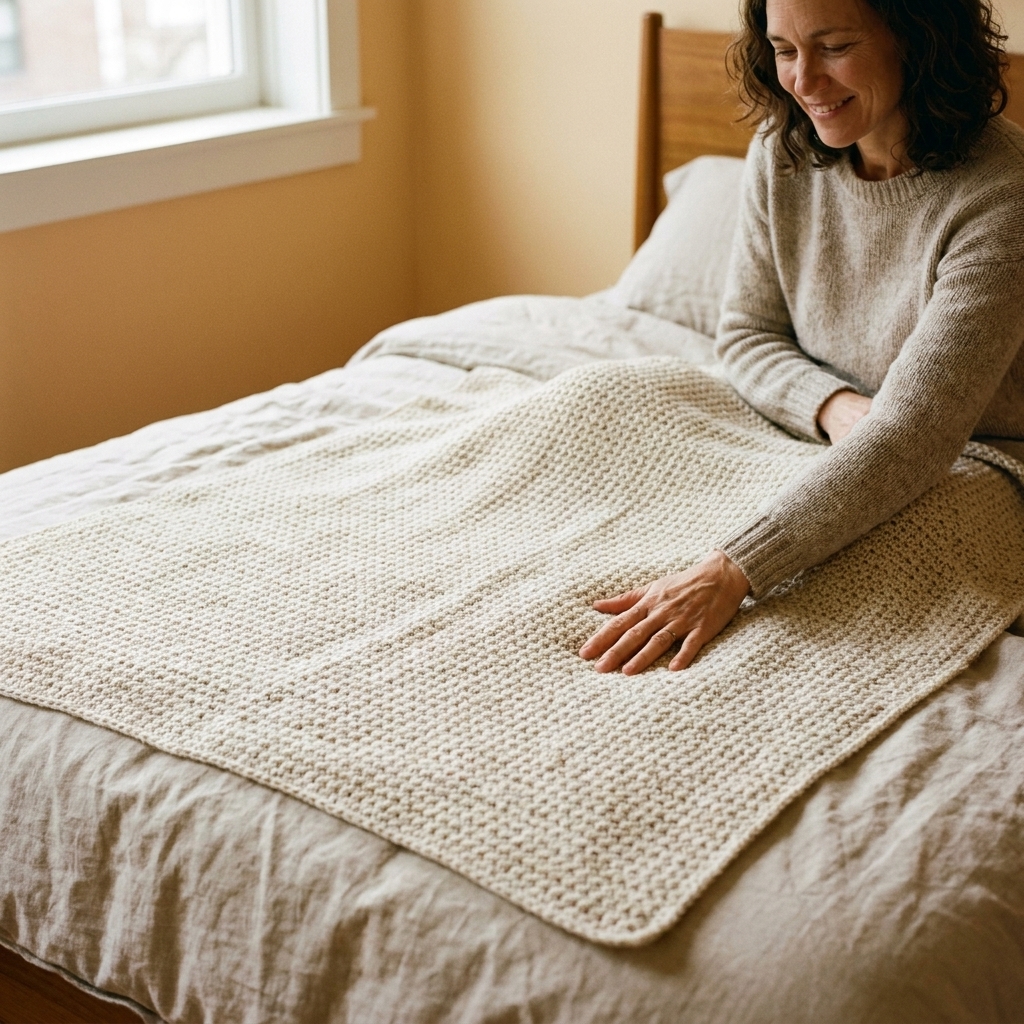 A moss stitch crochet baby blanket in creamy oatmeal yarn showing tidy, even texture spread across a bed