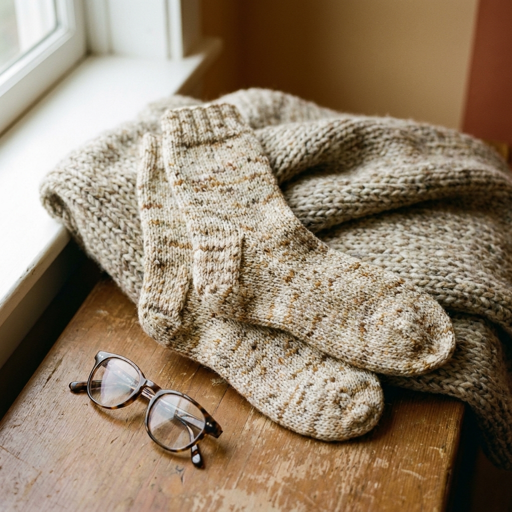 A pair of hand-knit wool socks in a speckled yarn resting on a knitted blanket near a pair of reading glasses