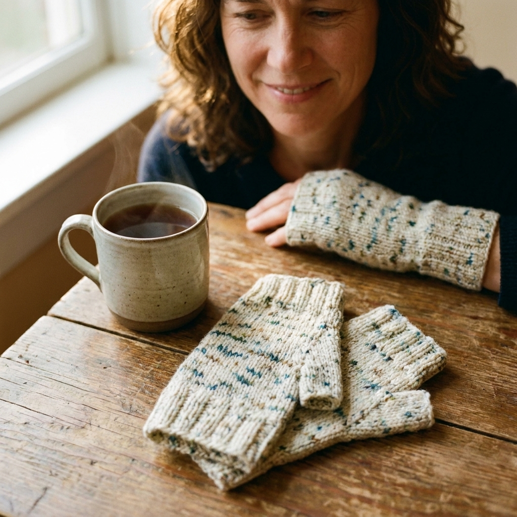 A pair of knit fingerless mitts in a speckled yarn laid on a rustic table next to a mug of tea
