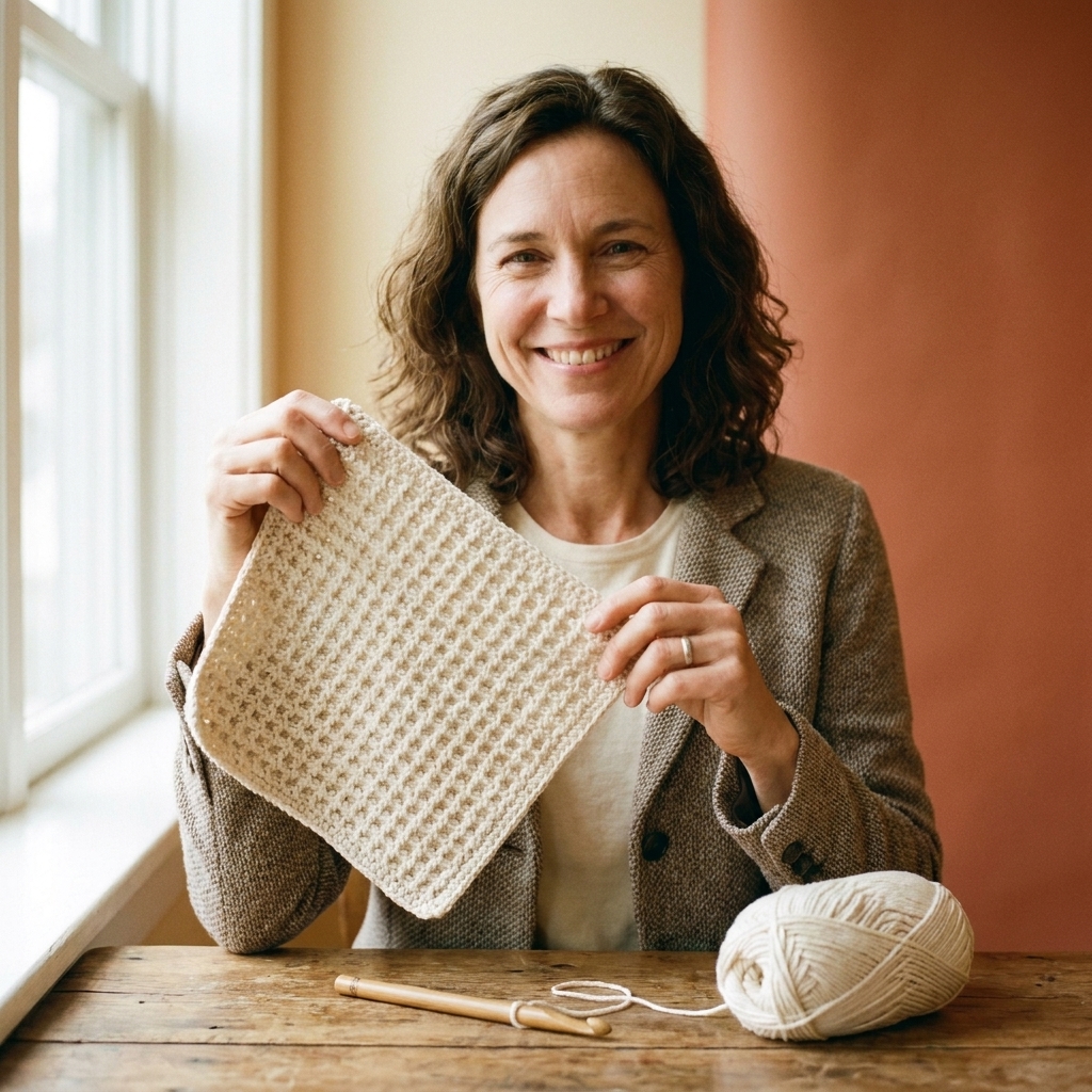 A person holding a textured crochet dishcloth made from cotton yarn, with a crochet hook resting on a wooden table beside a ball of yarn