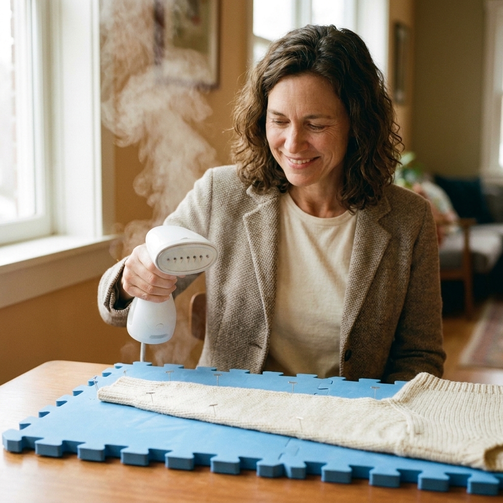 A person hovering a handheld garment steamer above a pinned knitted sweater sleeve on blocking mats, with visible steam rising