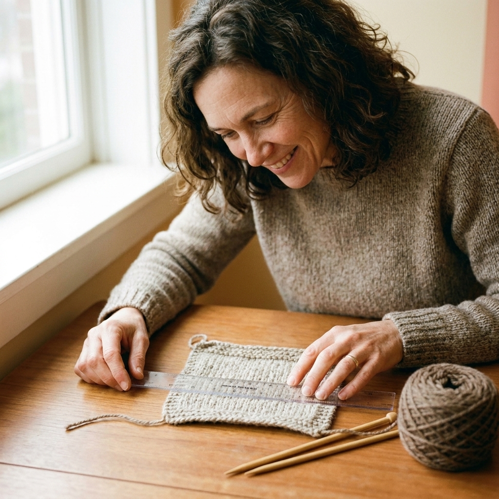 A photo of a knitted gauge swatch being measured with a clear ruler on a table, with knitting needles and yarn nearby
