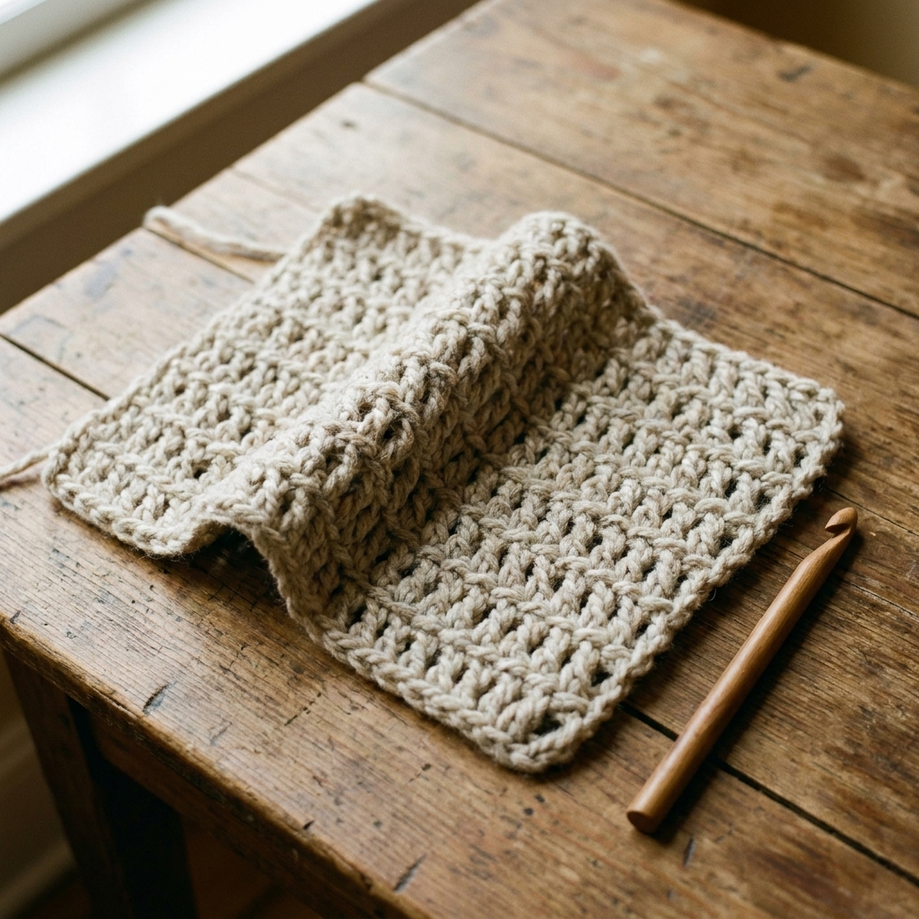 A photo of a swatch made in double crochet showing taller stitches and a drapey texture on a wooden table
