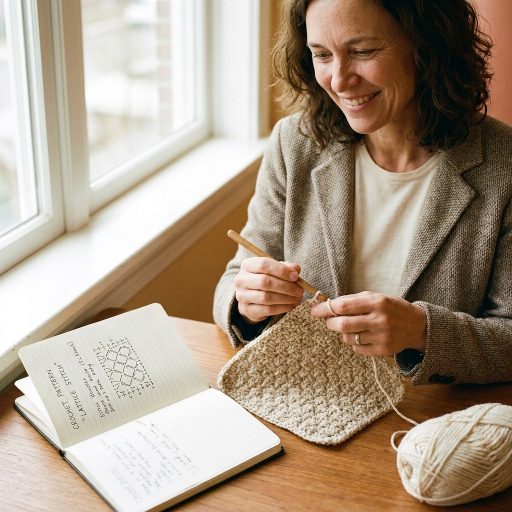 A photo of an open notebook with a crochet pattern handwritten beside a crochet hook and a partially started swatch in neutral yarn