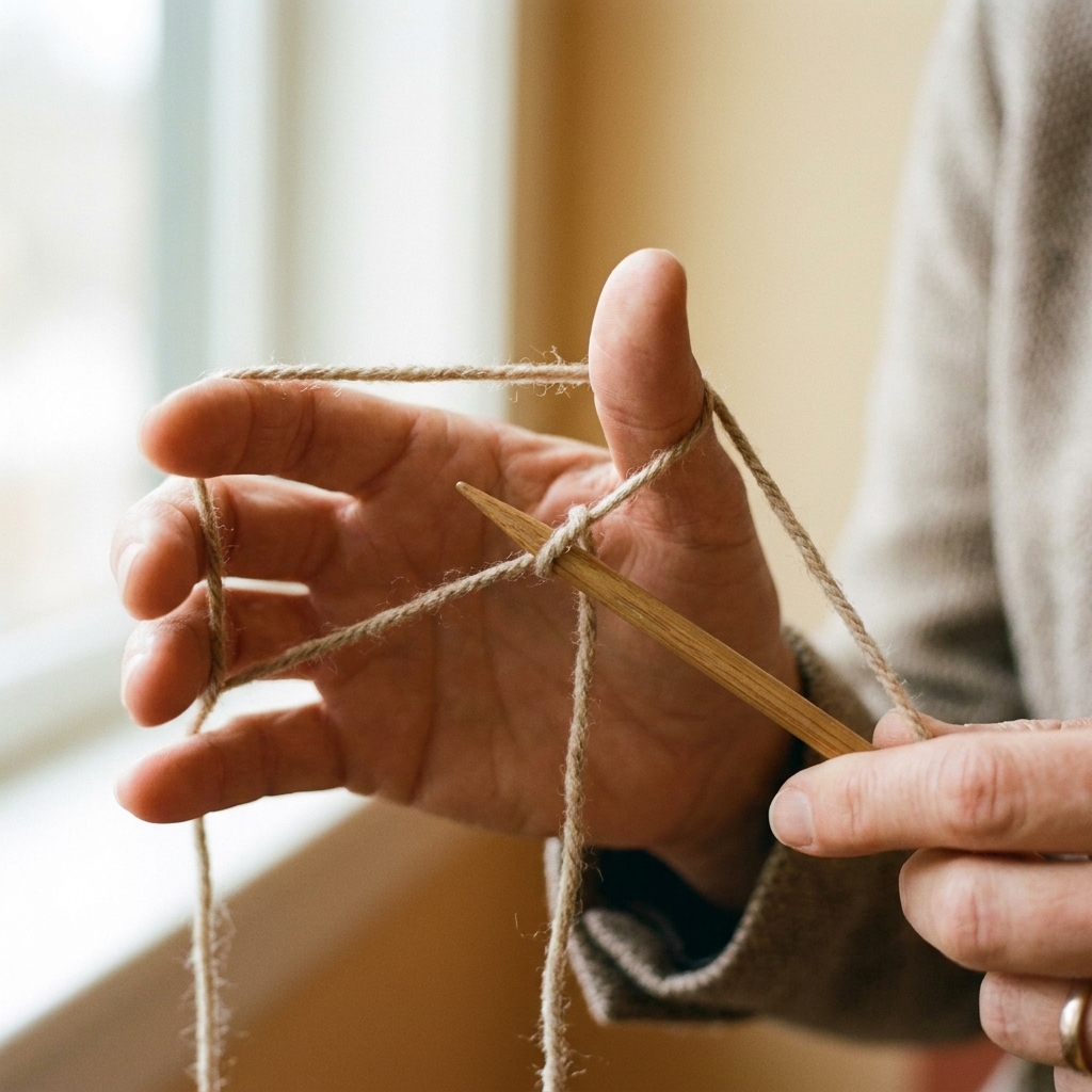 A photo of hands holding yarn in a slingshot position for long-tail cast-on, with the needle tip passing under the thumb strand and toward the index finger strand