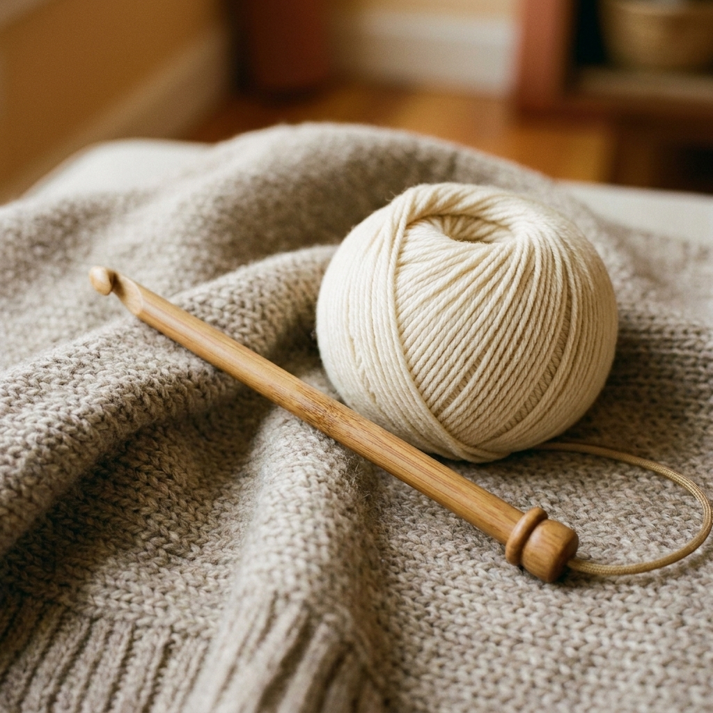 A photograph of a bamboo Tunisian crochet hook lying next to a wound ball of smooth worsted-weight yarn on a cozy neutral fabric background