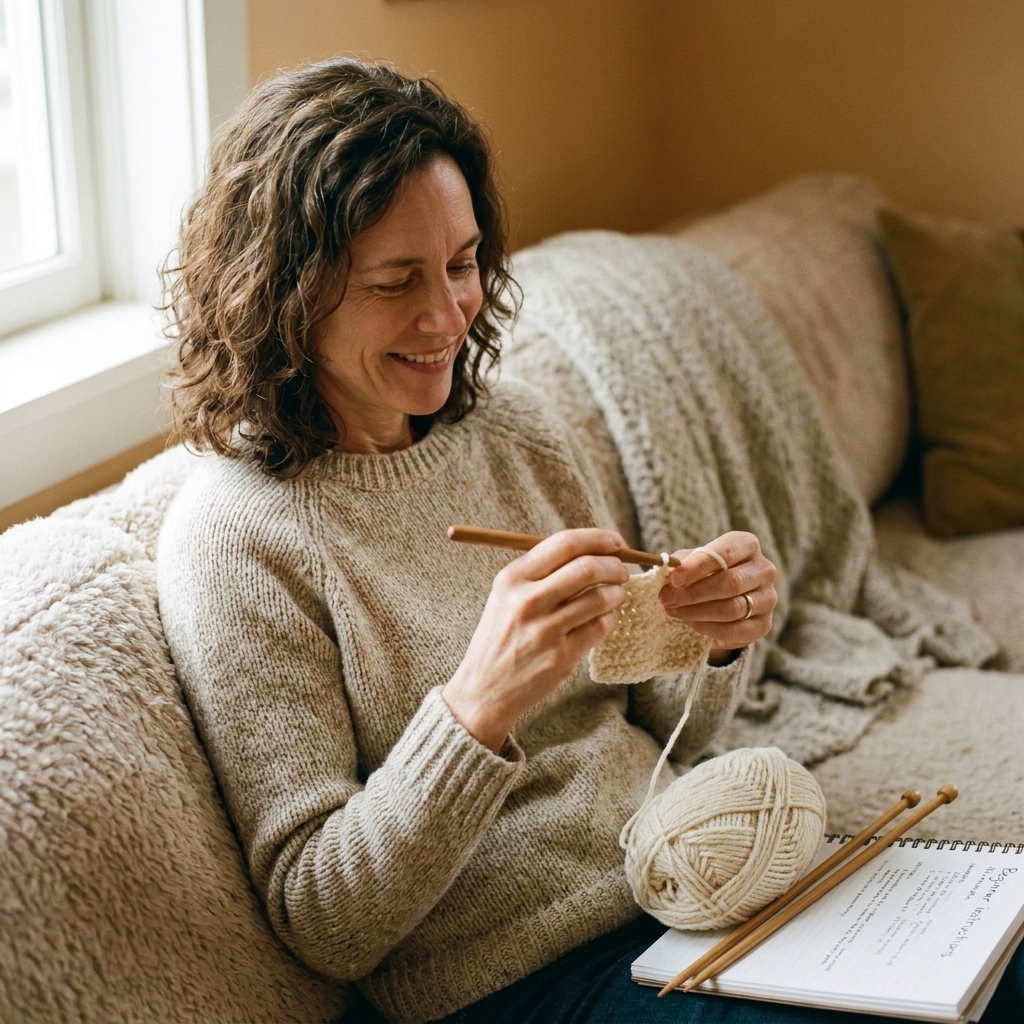 A photograph of a beginner crafting setup with a ball of worsted yarn, a crochet hook, knitting needles, and a small swatch in progress on a cozy couch