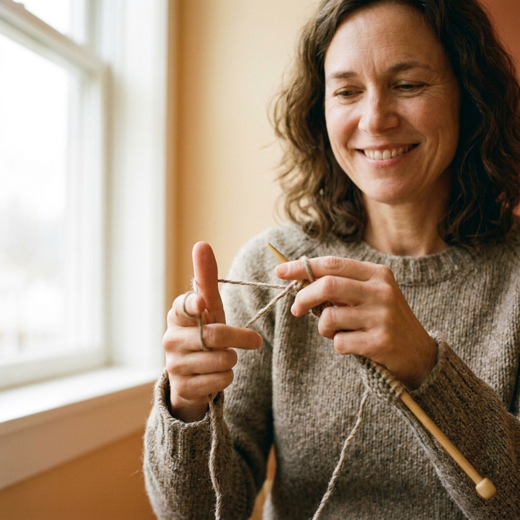 A photograph of a knitter holding yarn in the slingshot position with the tail looped around the thumb and working yarn looped around the index finger, needle poised above the yarn