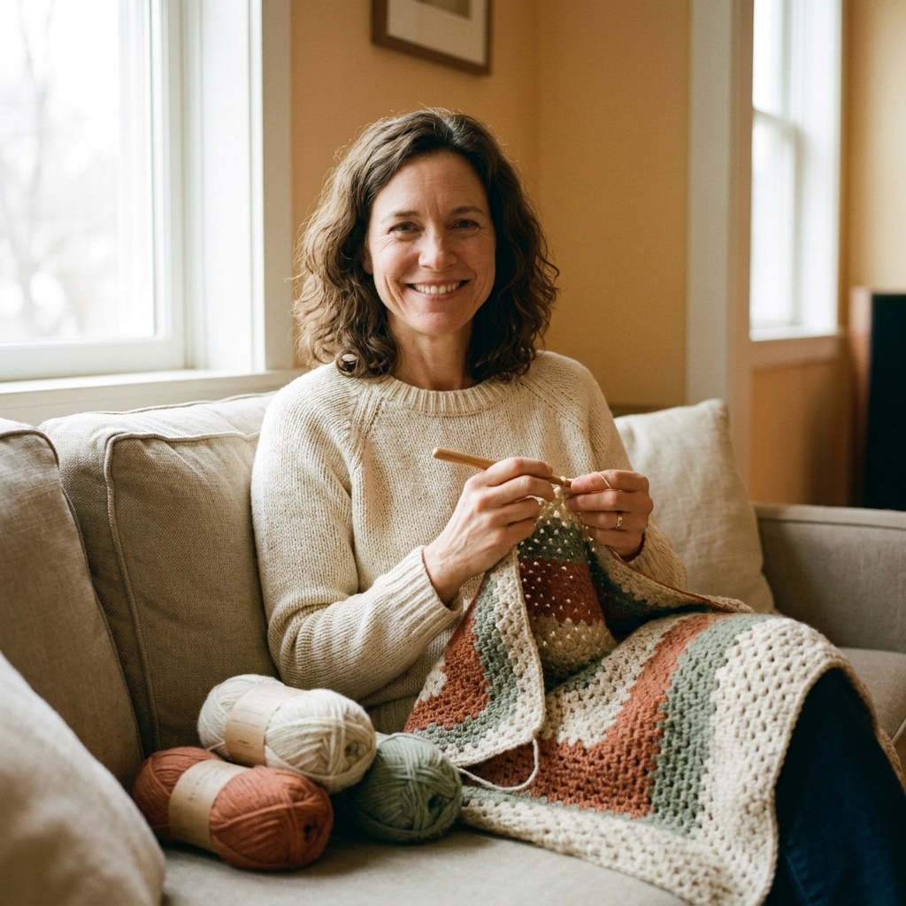 A photograph of a partially crocheted blanket on a couch with several matching yarn skeins and a crochet hook resting nearby in soft natural light