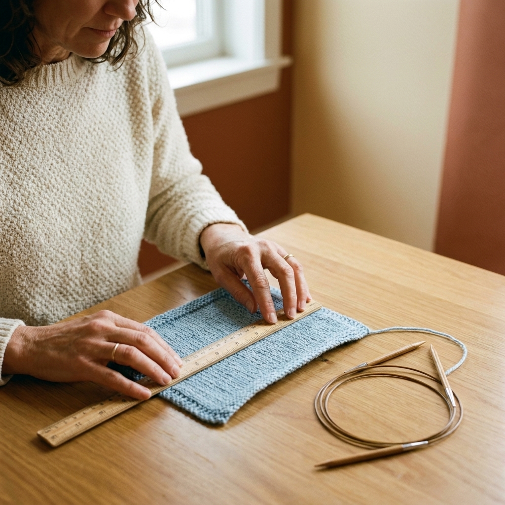 A photograph of hands using a ruler to measure stitches on a knitted gauge swatch laid flat on a table beside circular knitting needles