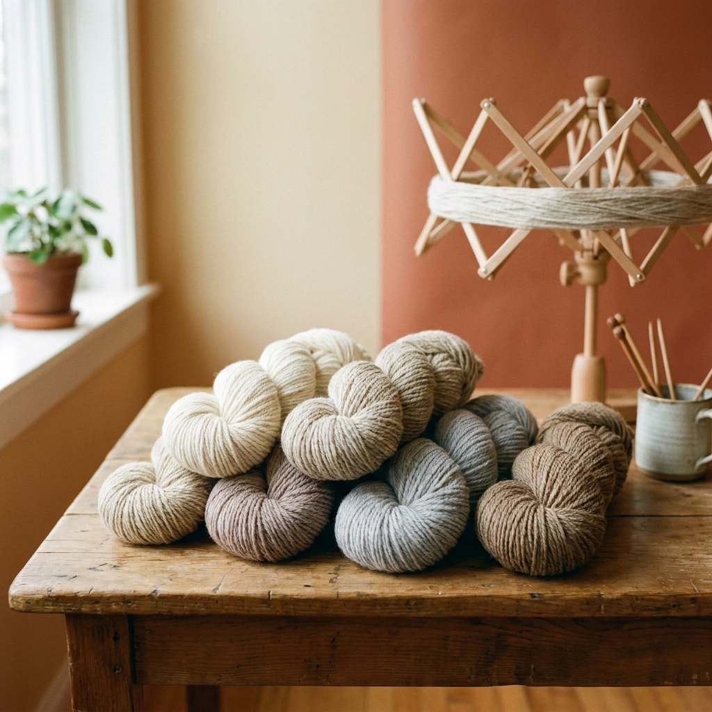 A photograph of several neatly wound worsted weight yarn skeins in neutral colors arranged on a craft table