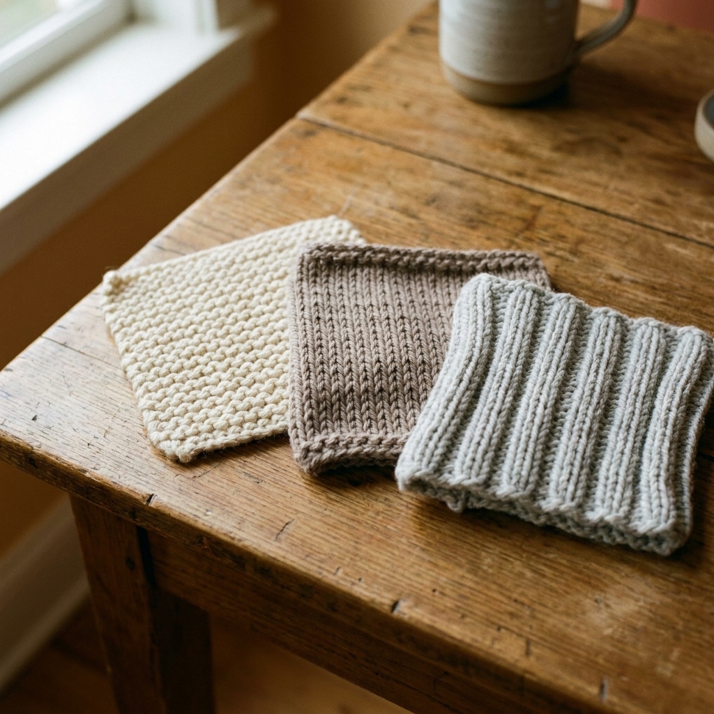 A photograph of three small knitted swatches in neutral yarn lying on a wooden table, showing garter ridges, stockinette V texture, and stretchy ribbing