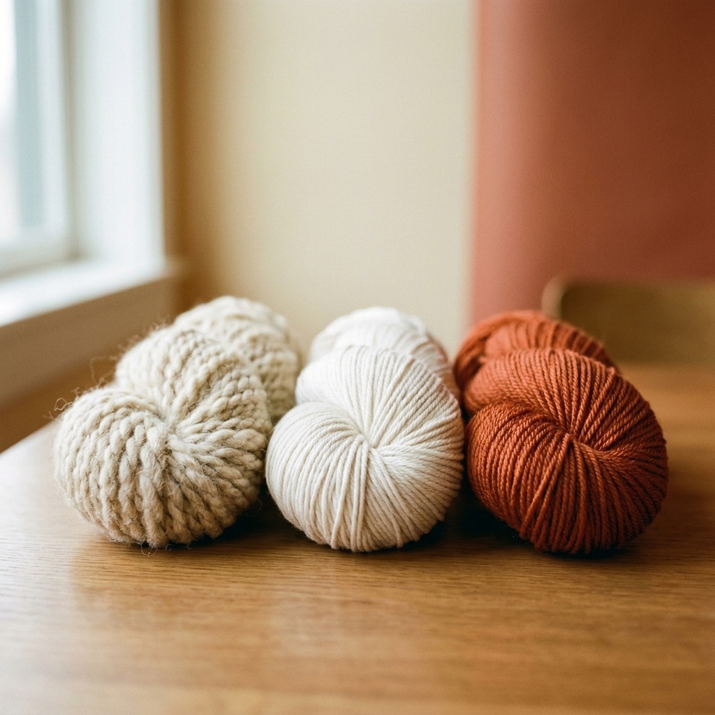 A photograph of three yarn balls on a table, one wool yarn ball, one cotton yarn ball, and one acrylic yarn ball, each with distinct texture and twist