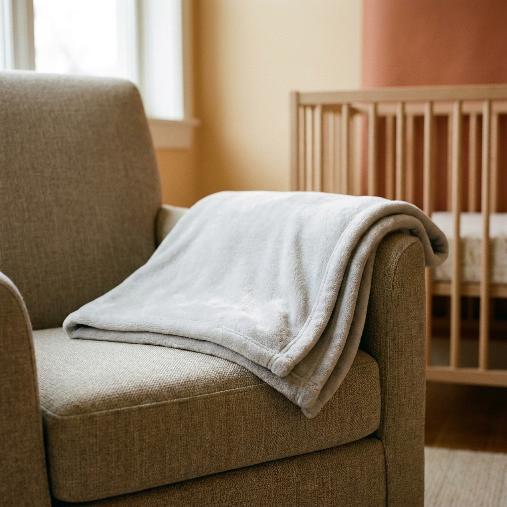 A plush pale gray baby blanket made with microfiber yarn folded neatly on a nursery chair