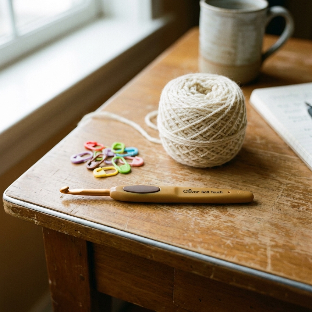 A real photo of a Clover Soft Touch ergonomic crochet hook on a craft table beside yarn and stitch markers